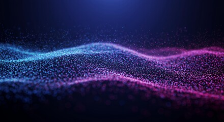 Flowing digital particle stream with cyan and magenta gradient colors creating dynamic wave pattern for modern technology backgrounds