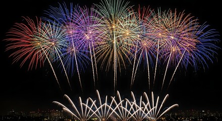 Fireworks frozen in time with rainbow trails