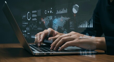 Businessman hands typing on laptop with holographic global data analytics dashboard, world map visualization and business intelligence charts floating above keyboard