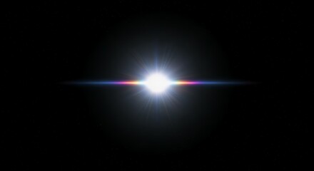 Rainbow spectrum lens flare with prismatic light dispersion and horizontal beam creating colorful optical effect on dark background