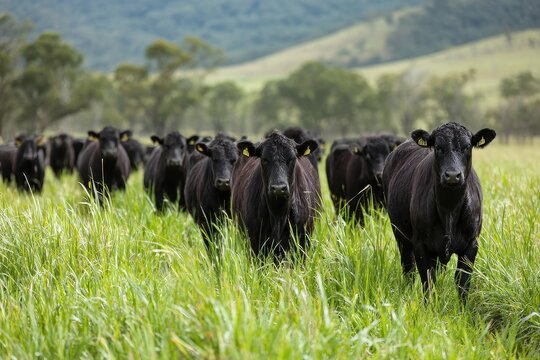 Angus cattle raised for beef production on pasture in Australia