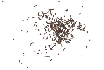 Close up black tea dry leaves flying, isolated on white background and texture, clipping path