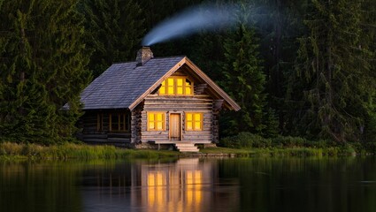 Naklejka premium A cozy rustic log cabin with glowing windows and smoke coming from the chimney, reflected in a calm lake in the forest at dusk 