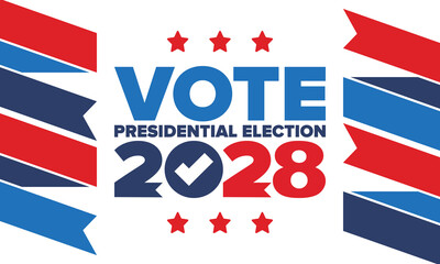 Obraz premium Vote 2028. Presidential Election 2028 in United States. Vote day, November 7. US Election. Patriotic american element. Poster, card, banner and background. Vector illustration