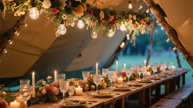 Warm-toned high-angle view of a rustic wedding reception table setting inside a festival tent, featuring hanging floral decorations and Edison bulb lights, conveying a