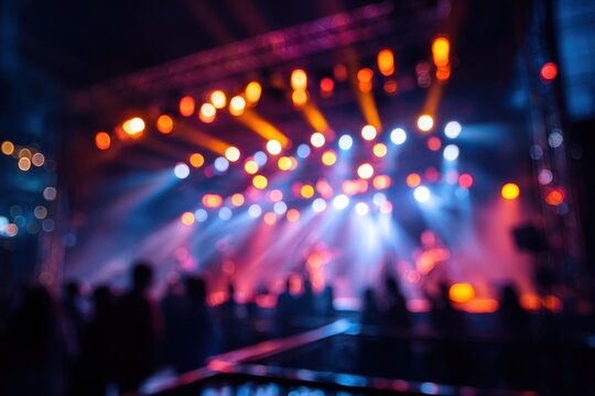 Blurry stage lighting at a live concert and disco party