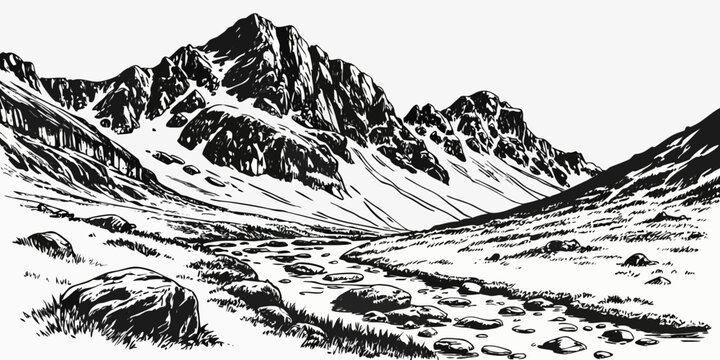 A black and white landscape illustration of a mountain range with a rocky stream in the foreground created with generated ai