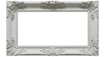 Wide horizontal baroque picture frame with ornate white carved decorative elements and classical molding for large artwork