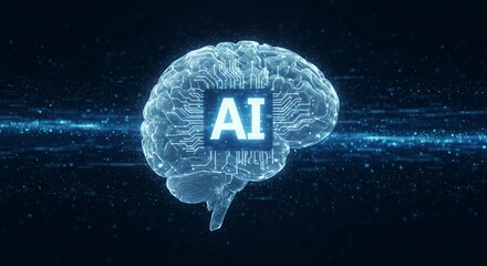 Glowing AI brain with integrated circuit design and blue lighting effects for artificial intelligence and technology branding