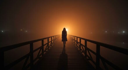 Fototapeta premium Enigmatic Figure Traversing Fog-Laden Bridge at Nightfall Illuminated by Distant Light