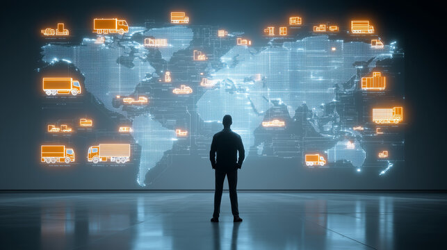 Man looking at world map with trucks indicating global distribution network