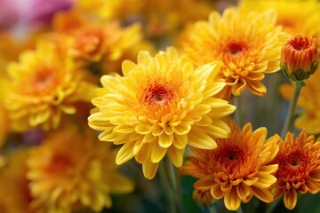 Fototapeta premium Charming little yellow and orange petaled chrysanthemums from the florist