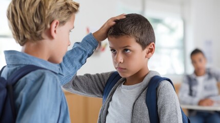 Obraz premium Young boy feels oppressed and tormented by another boy's hand touching his head in a classroom with others watching, conveying schoolyard mistreatment and harassment.