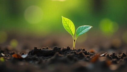 Close-up of a small green seedling growing from the soil, backlit by warm morning sunlight with a blurred green background
