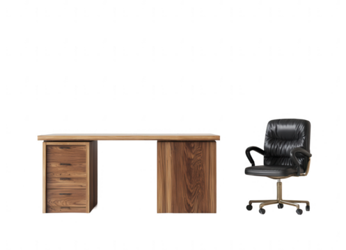 a modern wooden office desk with a black leather chair, png, transparent