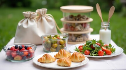 Outdoor picnic spread with fresh fruits, healthy salads, croissants, and refreshing milk