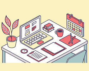 Isometric Workplace Illustration Featuring Laptop Calendar and Desk Accessories For Productivity and Time Management