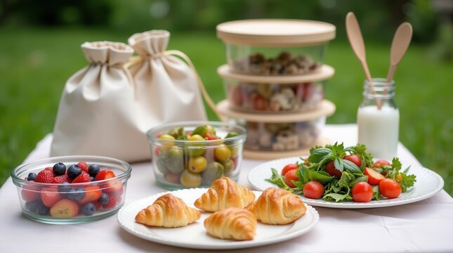 Outdoor picnic spread with fresh fruits, healthy salads, croissants, and refreshing milk - Powered by Adobe