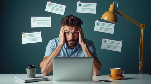 Overwhelmed man at desk with laptop surrounded by social media notifications