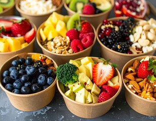 Colorful fruit and granola bowls