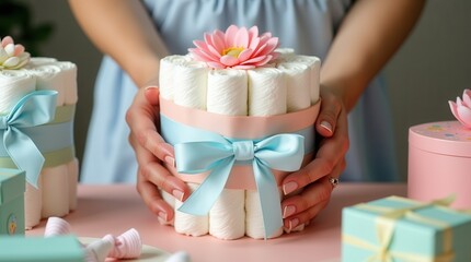 Creative diaper cake for baby shower gift with pastel decorations and bow