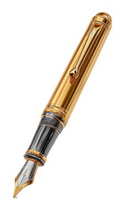 Naklejka premium Elegant gold fountain pen gracefully suspended in the air without contact with water, perfectly isolated on white background. Modern and minimalist design, high-quality metallic finish, reflective det
