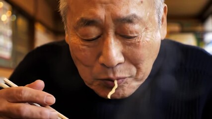 Elderly man intently eating noodles with chopsticks - Powered by Adobe