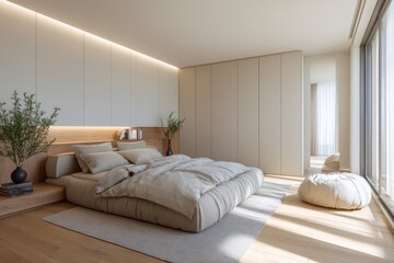 Contemporary Japanese style bedroom with a soft minimalist beige design