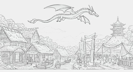 Dragon Soaring Over a Traditional Village A Fantasy Art Illustration