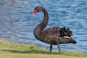 Obraz premium Elegant black swan by the lake after swimming on a summer afternoon