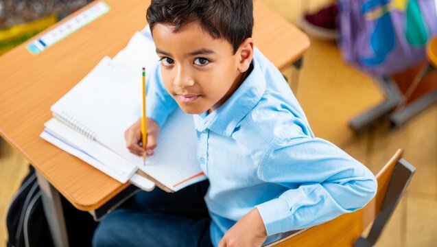 High angle view of a young Hispanic schoolboy in a blue shirt writing in a notebook at his desk and looking at the camera
