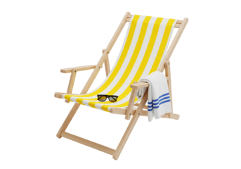 A wooden deck chair with yellow and white striped fabric. A pair of black sunglasses rests on the seat. A white towel with blue stripes is draped over the side.