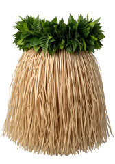 Fototapeta premium A traditional Hawaiian grass skirt with a green leaf waistband. The skirt is made of natural fibers, showcasing a simple yet cultural design. Transparent background.