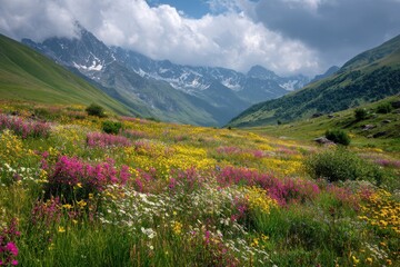 Fototapeta premium Flourishing fields in the summer scenery of Russia s Caucasus Mountains