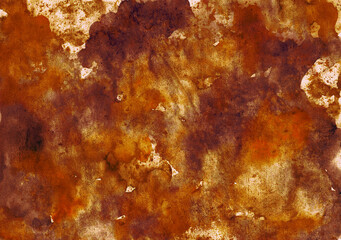 Brown red burnt orange rusty yellow white abstract watercolor. Colorful grunge art background. Splash daub stained blot mix. Like rust metal iron. Autumn fall shades. Design. Template.