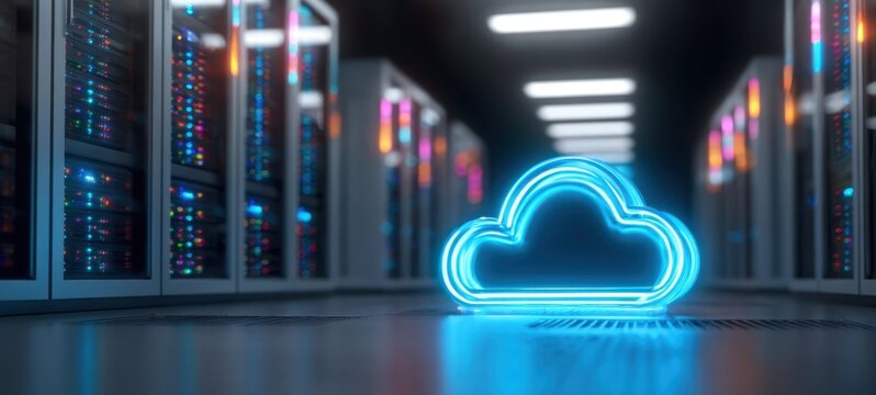 The Neon Cloud Icon in a Futuristic Data Center Aisle