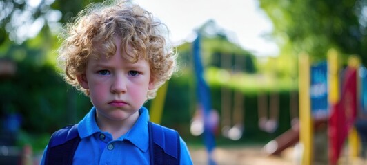 The boy with curly hair standing in a playground looking sad and thoughtful