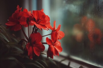 Gorgeous crimson blooms by the window