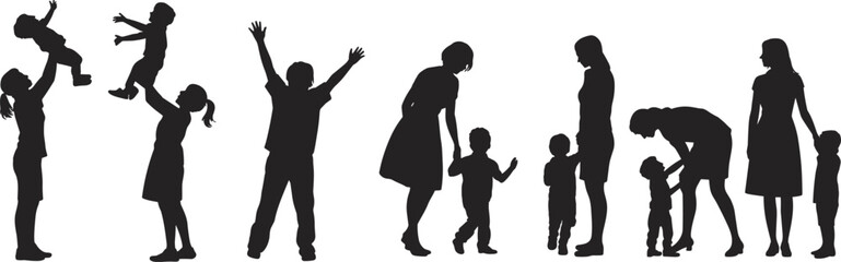 Silhouettes of children and mothers interacting, depicting joy, growth, and the strong family bond. A versatile collection suitable for diverse design projects.