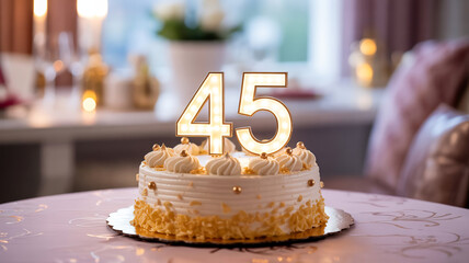 A frosted cake with golden accents and number forty five candles on a table in a bright room