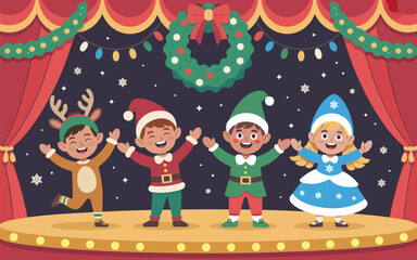 Kids Christmas Play Festive Stage Performance with Adorable Characters