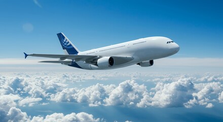 Modern commercial airliner with geometric livery flying through cloudy sky, professional aviation photography for airline and travel industry marketing