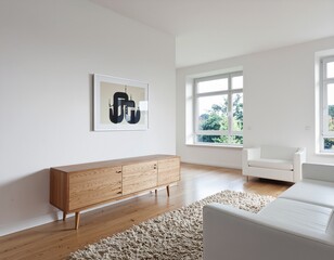 Minimalist Living Room with Mid-Century Modern Wooden Sideboard and White Furniture