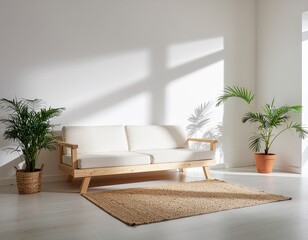 Scandinavian Minimalist Living Room with Wooden Sofa, Green Plants, and Natural Light