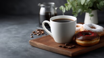 White coffee mug with a black coffee and two donuts on a wooden board. Scene is cozy and inviting