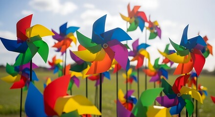 Rainbow paper windmills spinning in the breeze
