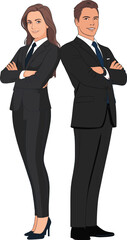 Professional Duo Confident Businesswoman and Businessman Leaning Back-to-Back, Arms Crossed in Vector Portrait, Displaying Success, Stability, and Teamwork