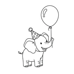 Adorable elephant line art with birthday hat and balloon perfect for children activity books and party invitations