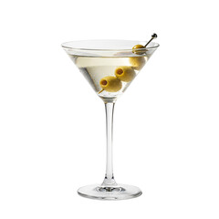 A classic martini in a clear glass with three green olives on a skewer. The drink is served on a transparent background, highlighting its elegant shape.