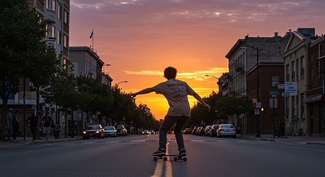 Teenager skateboarding on an empty city street during a colorful sunset scene - Powered by Adobe